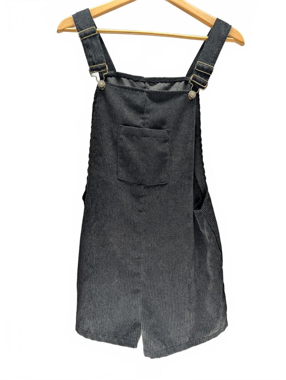 Black Corduroy Adjustable Strap Romper Shorts Front Pocket